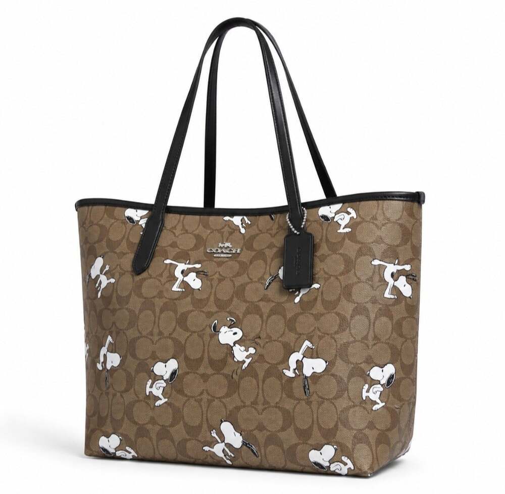 Coach x Peanuts Snoopy City Tote Signature Coated Canvas Brown Black Rare - Picture 3 of 16